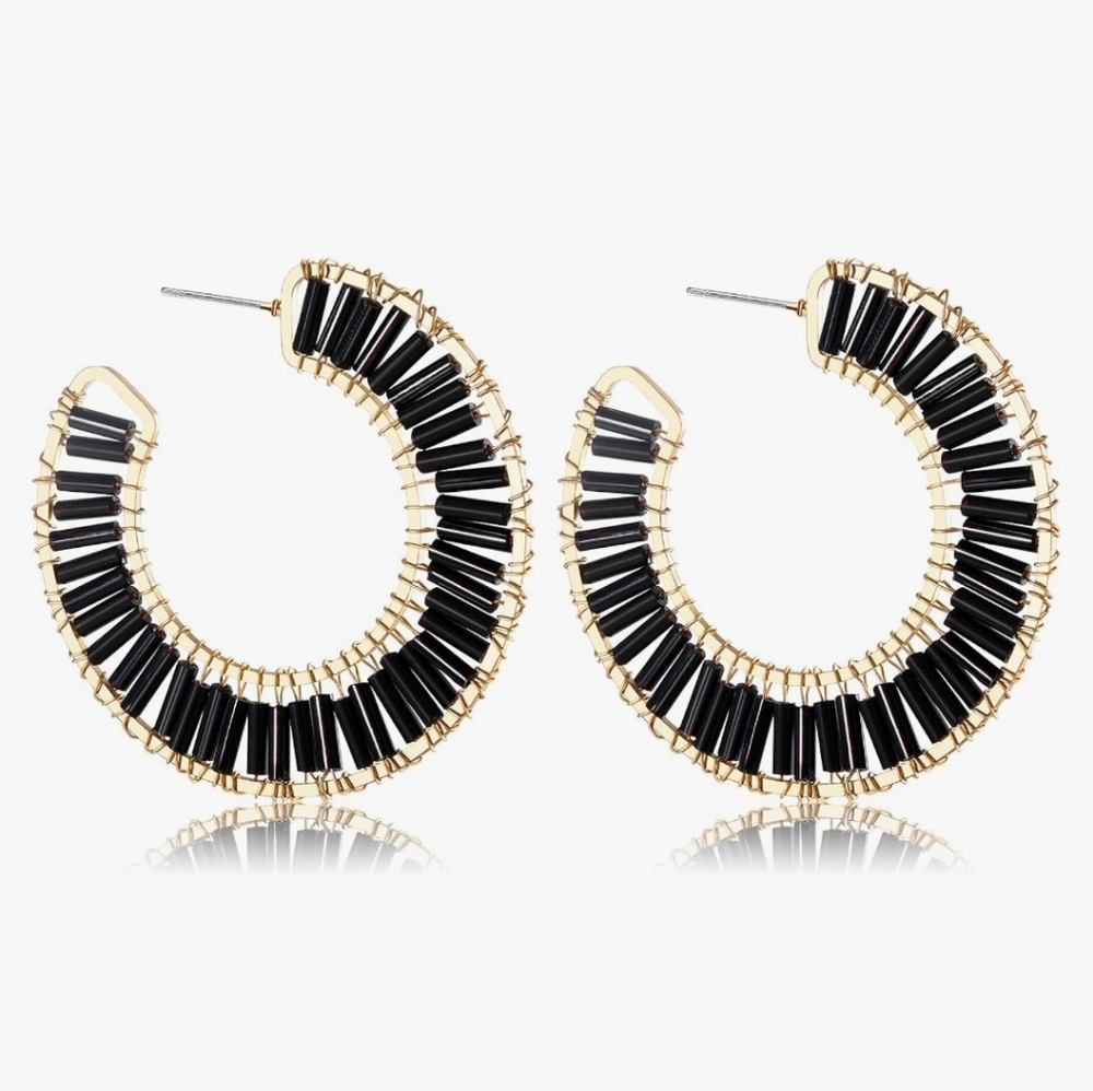 🆕 Boho Gold & Black Beaded Circle C-Shaped Hoop Statement Earrings